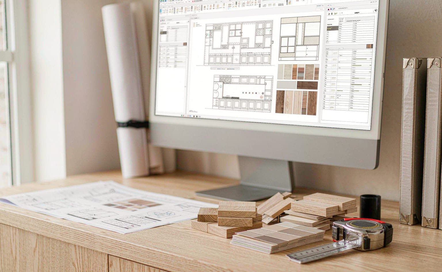 Cabinet shop drawings and a cut list on the drafting desk