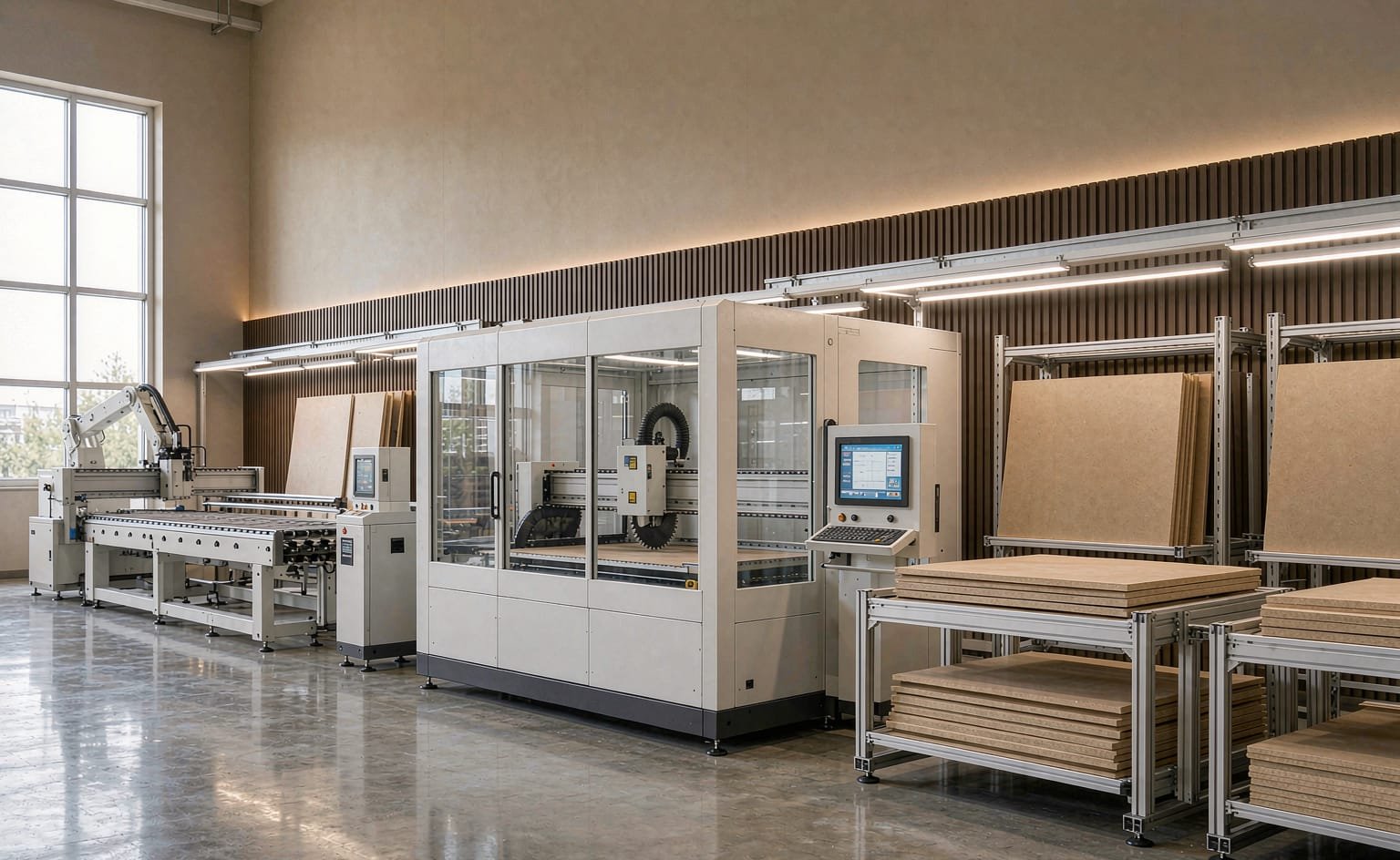 CNC cutting and edge banding on the cabinet production line